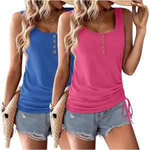 Zeagoo Womens 2026 Tank Tops 2 Pack U Neck Summer Sleeveless Tops Loose Fit Button Casual Henley Shirts(Royal Blue+rose Red)