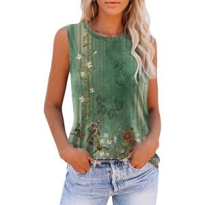 Zeagoo Womens 2026 Tank Tops Casual Crewneck Sleeveless T Shirts Loose Fit Summer Tunic Blouse(1-green Flower)