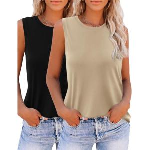 Zeagoo Womens 2026 Tank Tops Casual Crewneck Sleeveless T Shirts Loose Fit Summer Tunic Blouse(Khaki and Black)