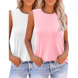 Zeagoo Womens 2026 Tank Tops Casual Crewneck Sleeveless T Shirts Loose Fit Summer Tunic Blouse(Pink and White)
