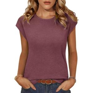 Zeagoo Womens 3 Pack Crewneck Cap Sleeve Tank Tops Casual Basic T Shirts Loose Fit Tee Summer Tops 2025(2-winered)