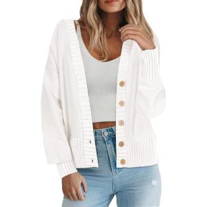 Zeagoo Women’s Cardigan 2025 Fall Winter Open Front Oversized Button V Neck Loose Soft Knit Sweater(White)