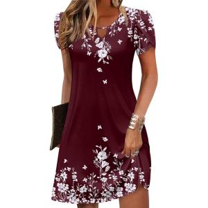 Zeagoo Women’s Casual A-Line Dresses with Pockets Summer Floral Tshirt Dress Short Sleeve Mini Dress Flowy Sundresses(Red Floral-8)
