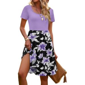 Zeagoo Womens Casual Dress Floral Patchwork Summer Dress Square Neck Short Sleeve A Line Flowy Swing Mini Dress with Pockets(Pat5)