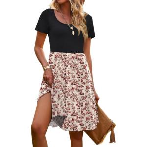 Zeagoo Womens Casual Dress Floral Patchwork Summer Dress Square Neck Short Sleeve A Line Flowy Swing Mini Dress with Pockets(Pat9)