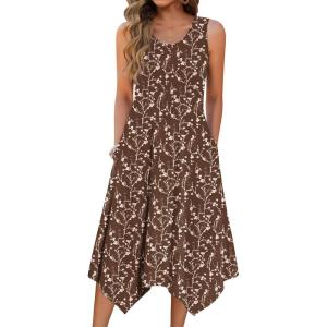 Zeagoo Womens Casual Dress for Summer Tank Dress Loose Flowy Beach Dress with Pockets Hankerchief Flare Midi Sundress 2026(Brown Xh267)