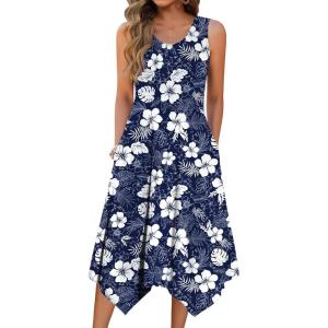 Zeagoo Womens Casual Dress for Summer Tank Dress Loose Flowy Beach Dress with Pockets Hankerchief Flare Midi Sundress 2026(Navy Sf157)