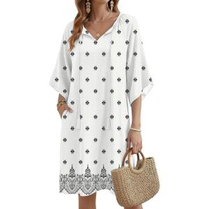 Zeagoo Womens Casual Summer Dress Boho Beach Dresses Tassel Tie Neck 2026 Floral Cover Up Spring 3/4 Sleeve Mini Sundress(Apricot)