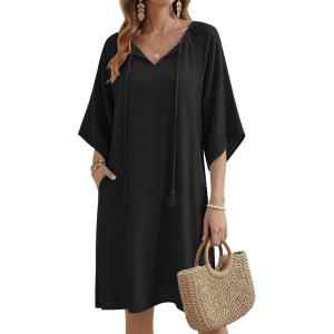 Zeagoo Womens Casual Summer Dress Boho Beach Dresses Tassel Tie Neck 2026 Floral Cover Up Spring 3/4 Sleeve Mini Sundress(Black)