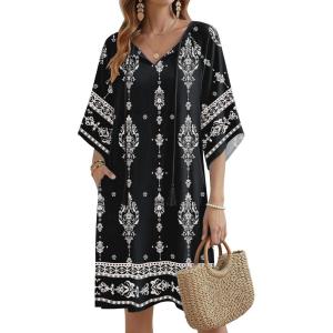 Zeagoo Womens Casual Summer Dress Boho Beach Dresses Tassel Tie Neck 2026 Floral Cover Up Spring 3/4 Sleeve Mini Sundress(Black Apricot)