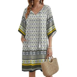 Zeagoo Womens Casual Summer Dress Boho Beach Dresses Tassel Tie Neck 2026 Floral Cover Up Spring 3/4 Sleeve Mini Sundress(Boho)