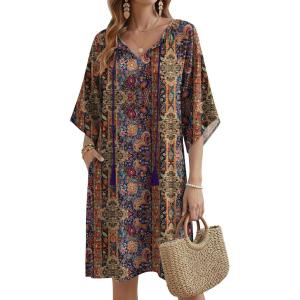 Zeagoo Womens Casual Summer Dress Boho Beach Dresses Tassel Tie Neck 2026 Floral Cover Up Spring 3/4 Sleeve Mini Sundress(Ethnic)