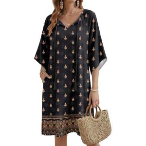 Zeagoo Womens Casual Summer Dress Boho Beach Dresses Tassel Tie Neck 2026 Floral Cover Up Spring 3/4 Sleeve Mini Sundress(Ethnic Black)
