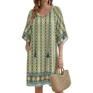 Zeagoo Womens Casual Summer Dress Boho Beach Dresses Tassel Tie Neck 2026 Floral Cover Up Spring 3/4 Sleeve Mini Sundress(Green)