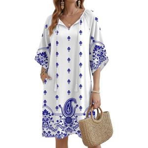 Zeagoo Womens Casual Summer Dress Boho Beach Dresses Tassel Tie Neck 2026 Floral Cover Up Spring 3/4 Sleeve Mini Sundress(White Blue)