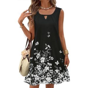 Zeagoo Womens Casual Summer Dresses 2025 Boho Sleeveless Sundresses with Pockets Pleated Beach Floral T Shirt Dresses(Black-printed-03)