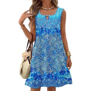 Zeagoo Womens Casual Summer Dresses 2025 Boho Sleeveless Sundresses with Pockets Pleated Beach Floral T Shirt Dresses(Blue-floral Printed)