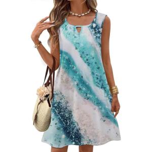 Zeagoo Womens Casual Summer Dresses 2025 Boho Sleeveless Sundresses with Pockets Pleated Beach Floral T Shirt Dresses(Blue-printed)