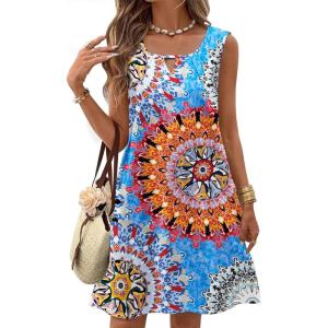 Zeagoo Womens Casual Summer Dresses 2025 Boho Sleeveless Sundresses with Pockets Pleated Beach Floral T Shirt Dresses(Blue-printed-01)