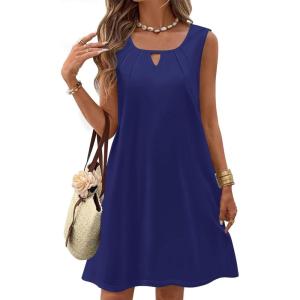 Zeagoo Womens Casual Summer Dresses 2025 Boho Sleeveless Sundresses with Pockets Pleated Beach Floral T Shirt Dresses(Navy Blue)