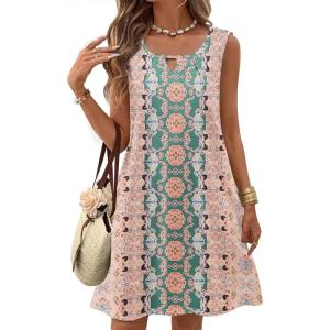 Zeagoo Womens Casual Summer Dresses 2025 Boho Sleeveless Sundresses with Pockets Pleated Beach Floral T Shirt Dresses(Pink-printed)