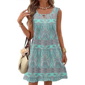Zeagoo Womens Casual Summer Dresses 2025 Boho Sleeveless Sundresses with Pockets Pleated Beach Floral T Shirt Dresses(Printed-03)
