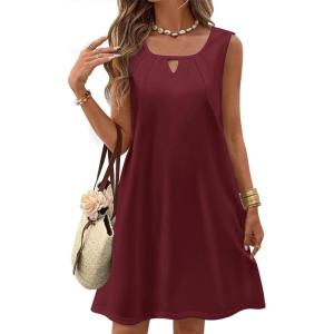 Zeagoo Womens Casual Summer Dresses 2025 Boho Sleeveless Sundresses with Pockets Pleated Beach Floral T Shirt Dresses(Wine Red)