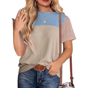 Zeagoo Womens Casual Summer Tops Short Sleeve T Shirts Crewneck Basic Tees Blouses Color Block Tunic Tops(Blue Khaki)