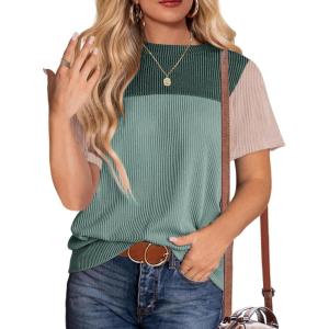 Zeagoo Womens Casual Summer Tops Short Sleeve T Shirts Crewneck Basic Tees Blouses Color Block Tunic Tops(Green)