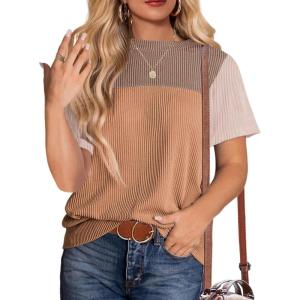 Zeagoo Womens Casual Summer Tops Short Sleeve T Shirts Crewneck Basic Tees Blouses Color Block Tunic Tops(Khaki-b)