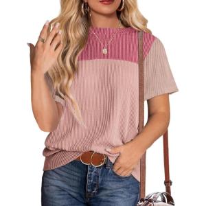 Zeagoo Womens Casual Summer Tops Short Sleeve T Shirts Crewneck Basic Tees Blouses Color Block Tunic Tops(Pink-b)