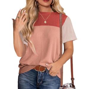 Zeagoo Womens Casual Summer Tops Short Sleeve T Shirts Crewneck Basic Tees Blouses Color Block Tunic Tops(Red-b)