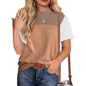 Zeagoo Womens Casual Summer Tops Short Sleeve T Shirts Crewneck Basic Tees Blouses Color Block Tunic Tops(White Khaki-01)