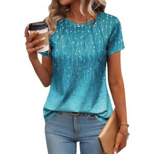 Zeagoo Womens Casual T Shirts for Summer 2025 Short Sleeve Crewneck Tunic Shirts Floral Print Tops Pleated Dressy Blouse(Blue Print)