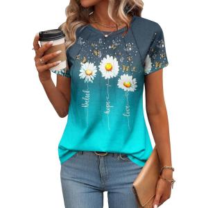 Zeagoo Womens Casual T Shirts for Summer 2025 Short Sleeve Crewneck Tunic Shirts Floral Print Tops Pleated Dressy Blouse(Daisy Print)