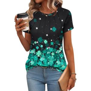 Zeagoo Womens Casual T Shirts for Summer 2025 Short Sleeve Crewneck Tunic Shirts Floral Print Tops Pleated Dressy Blouse(Green Floral)