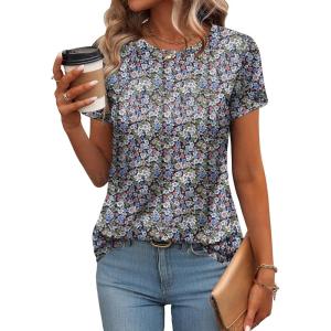 Zeagoo Womens Casual T Shirts for Summer 2025 Short Sleeve Crewneck Tunic Shirts Floral Print Tops Pleated Dressy Blouse(Mixed Army Flower)