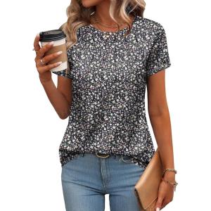 Zeagoo Womens Casual T Shirts for Summer 2025 Short Sleeve Crewneck Tunic Shirts Floral Print Tops Pleated Dressy Blouse(Mixed Black Flower)