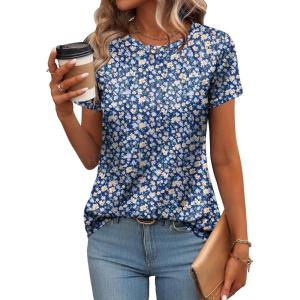 Zeagoo Womens Casual T Shirts for Summer 2025 Short Sleeve Crewneck Tunic Shirts Floral Print Tops Pleated Dressy Blouse(Mixed Blue Flower)