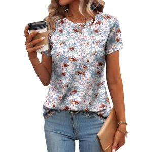Zeagoo Womens Casual T Shirts for Summer 2025 Short Sleeve Crewneck Tunic Shirts Floral Print Tops Pleated Dressy Blouse(Mixed Grey Flower)