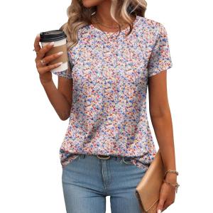 Zeagoo Womens Casual T Shirts for Summer 2025 Short Sleeve Crewneck Tunic Shirts Floral Print Tops Pleated Dressy Blouse(Mixed Pink Flower)