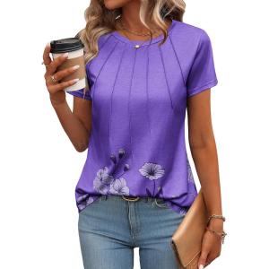 Zeagoo Womens Casual T Shirts for Summer 2025 Short Sleeve Crewneck Tunic Shirts Floral Print Tops Pleated Dressy Blouse(Purple Floral)