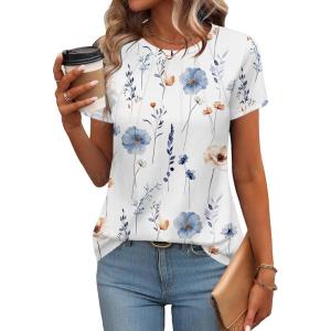 Zeagoo Womens Casual T Shirts for Summer 2025 Short Sleeve Crewneck Tunic Shirts Floral Print Tops Pleated Dressy Blouse(White Floral)