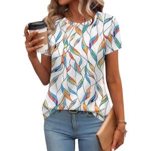 Zeagoo Womens Casual T Shirts for Summer 2025 Short Sleeve Crewneck Tunic Shirts Floral Print Tops Pleated Dressy Blouse(White Leaf Print)