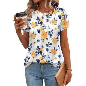 Zeagoo Womens Casual T Shirts for Summer 2025 Short Sleeve Crewneck Tunic Shirts Floral Print Tops Pleated Dressy Blouse(Yellow Flower Print)