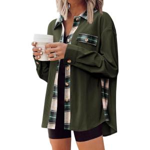 Zeagoo Womens Corduroy Flannel Shacket Jacket Casual Plaid Button Down Shirts Long Sleeve Fall Tops with Pockets(Army Green)