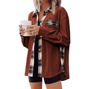 Zeagoo Womens Corduroy Flannel Shacket Jacket Casual Plaid Button Down Shirts Long Sleeve Fall Tops with Pockets(Terracotta)