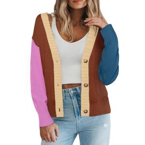 Zeagoo Women’s Cropped Cardigan 2025 Fall Button Sweaters V Neck Long Sleeve Cardigans Knit Outwear(Colorblock-brown)