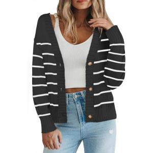 Zeagoo Women’s Cropped Cardigan 2025 Fall Button Sweaters V Neck Long Sleeve Cardigans Knit Outwear(Stripes Black)