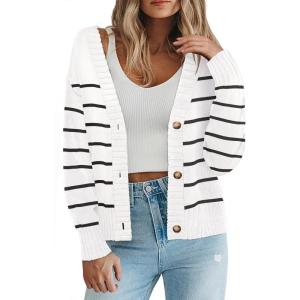 Zeagoo Women’s Cropped Cardigan 2025 Fall Button Sweaters V Neck Long Sleeve Cardigans Knit Outwear(Stripes White)